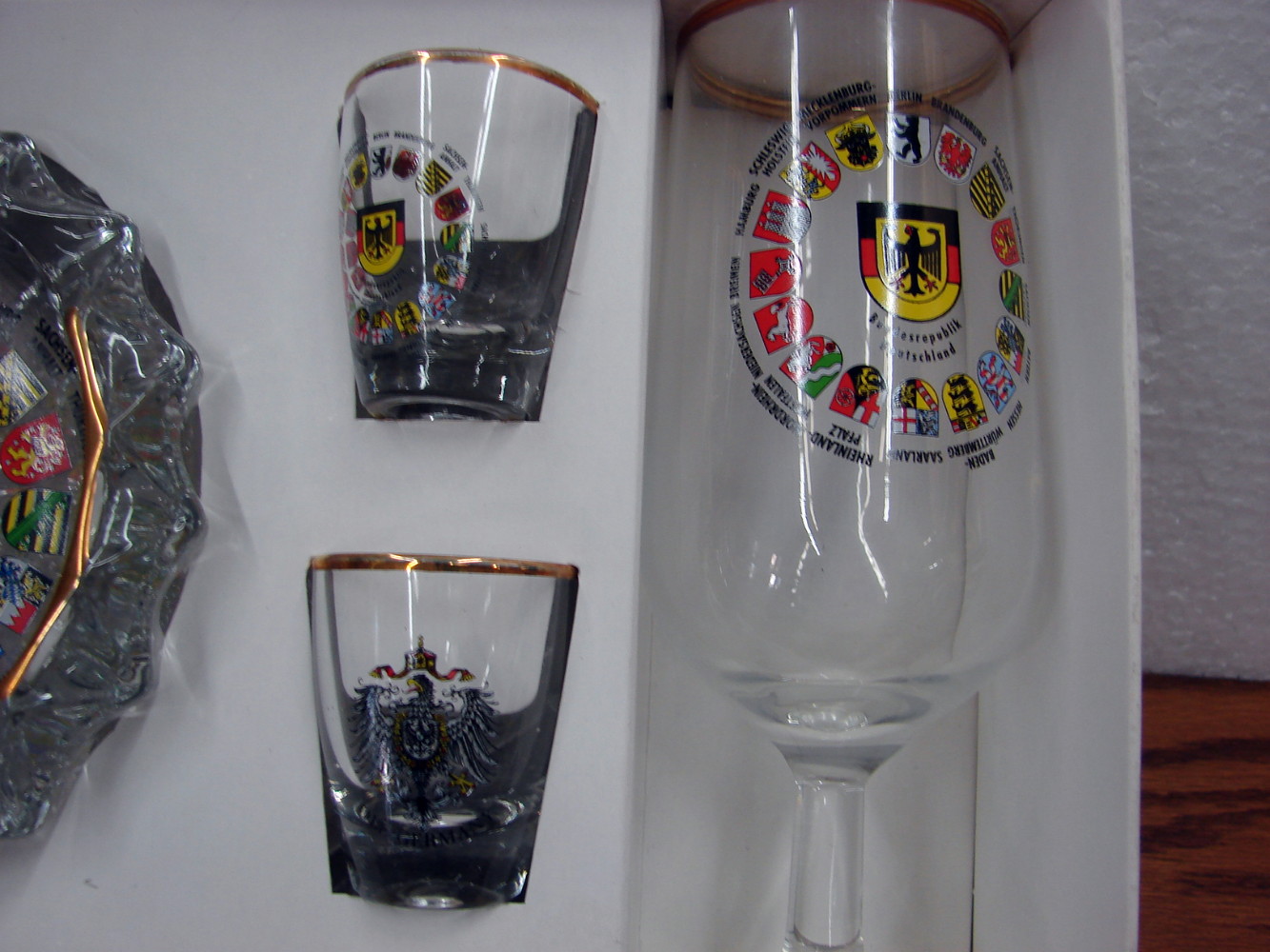 German Souvenir Bar Set Wine Shot Glasses Ash Tray Coat of Arms Shields Old Germany - Image 3