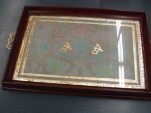Antique Victorian Walnut Glass Top Serving Tray Gold Foil Cross Stitch Monogram A A