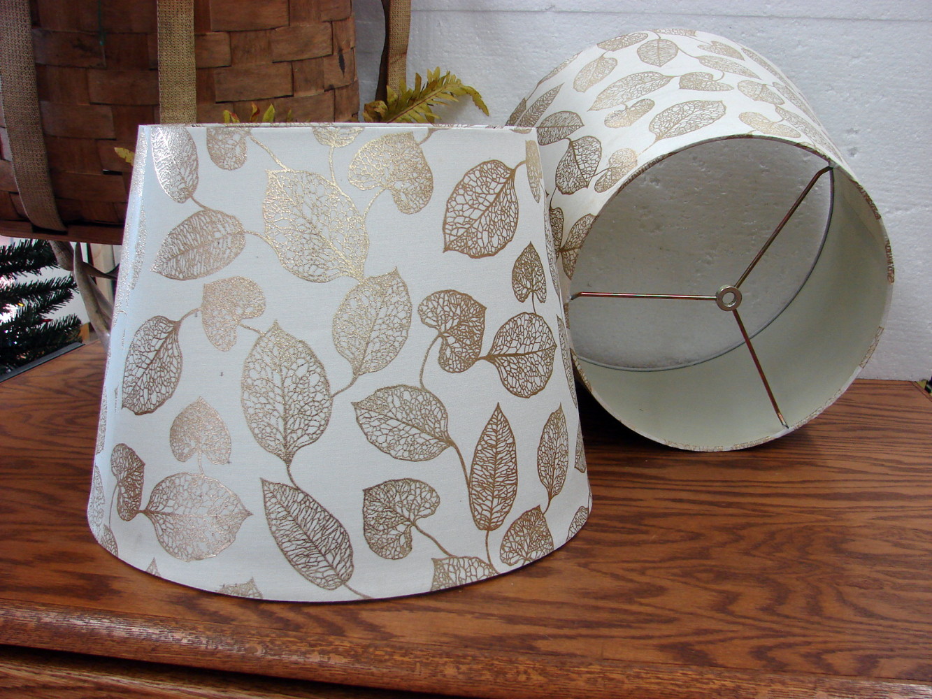 Set/2 Vintage Gold Foil Leaf Silhouette Drum Lamp Shade Table Floor Lamps - Image 2