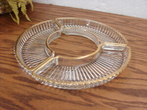 3 pc Vintage Gold Rim Ribbed Clear Glass Hors d'oeuvres Lazy Susan Sections