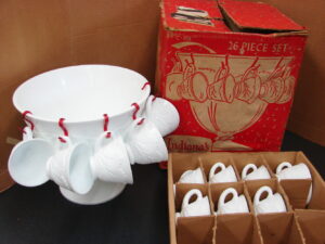 Vintage Indiana Glass Pebble Leaf White Milk Glass Punch Bowl Set w/ 12 Cups in Original Box