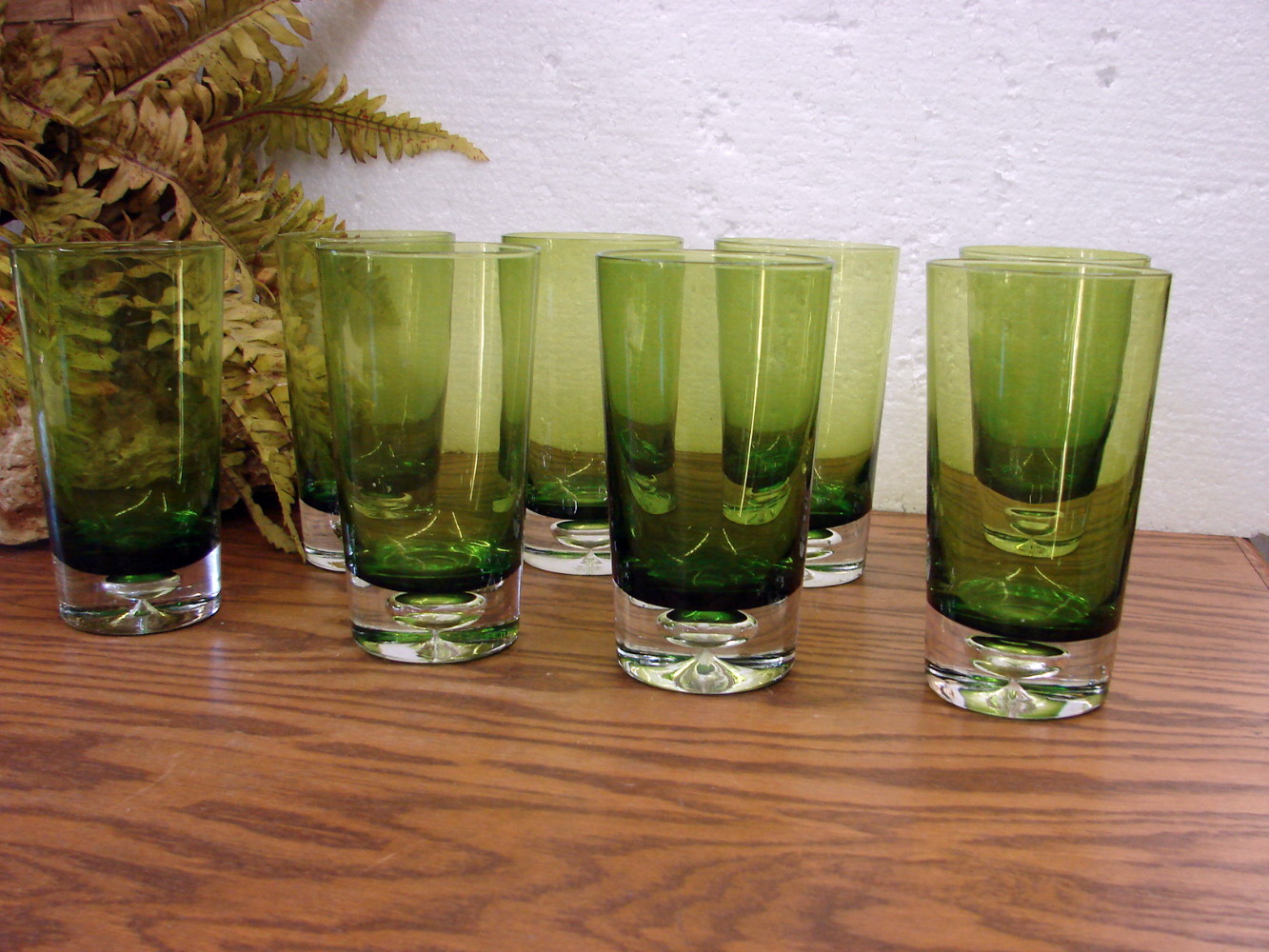 Set/8 Green Oslo Block Stockholm Krosno Controlled Bubble Highball Glasses Hand Blown - Image 2