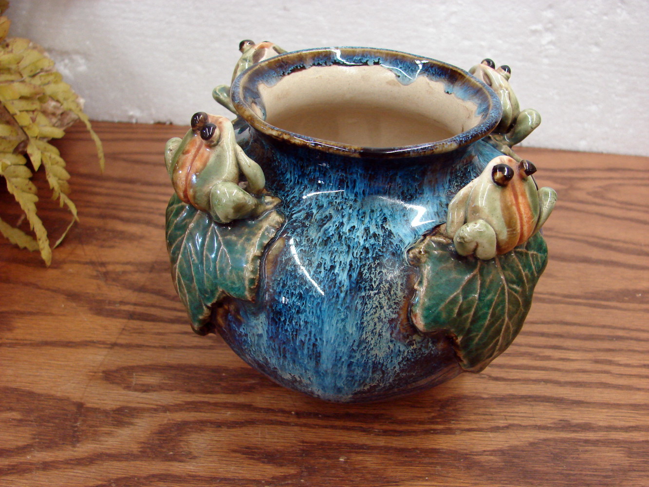 Vintage Early Majolica Style Small Frog Stoneware Pottery Planter Signed