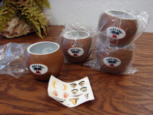 Set/4 Brand New Malibu Rum Plastic Coconut Drink Cups Caribbean Luau Party w/ Tattoo Stickers