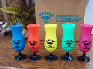 Set/25 Brand New Case Malibu Caribbean Rum Plastic Hurricane Cups 16 oz Tropical Colors