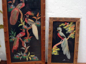 Set/2 Vintage Folk Art Feather Craft Bird Feather Picture Wood Carved Frame Mexico