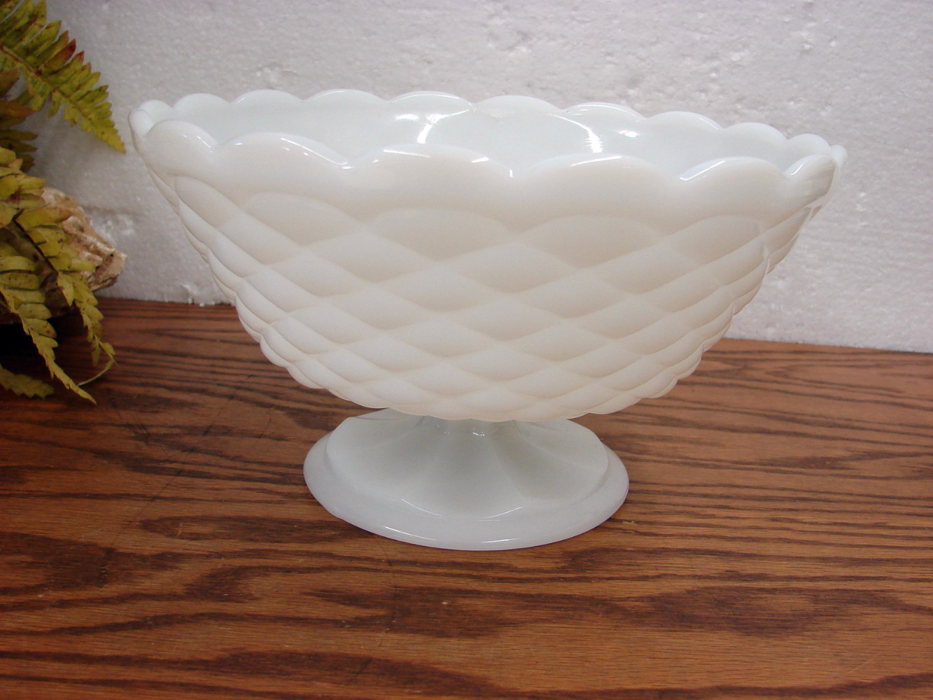 Vintage Indiana Glass Quilted Diamond Milk Glass Footed Compote Candy Dish w/ Sticker