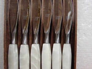 Vintage Mode Danish Stainless Steak Knives Sheffield England 6 Pc. White Pearlescent Handle
