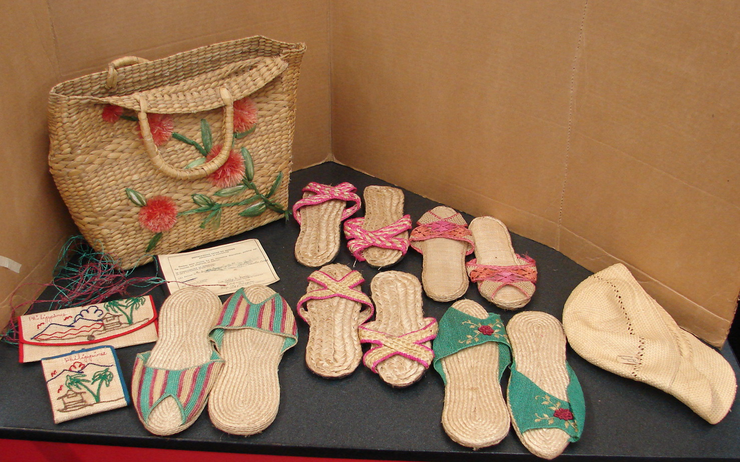 9 pc Lot Vintage 1960's Woven Straw Bag of Gifts from Philippines w/ Custom Tag Shoes Billfolds