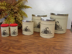 Vintage 6 Piece Metal Victorian Silhouette Canister Set w/ Salt Pepper Shakers