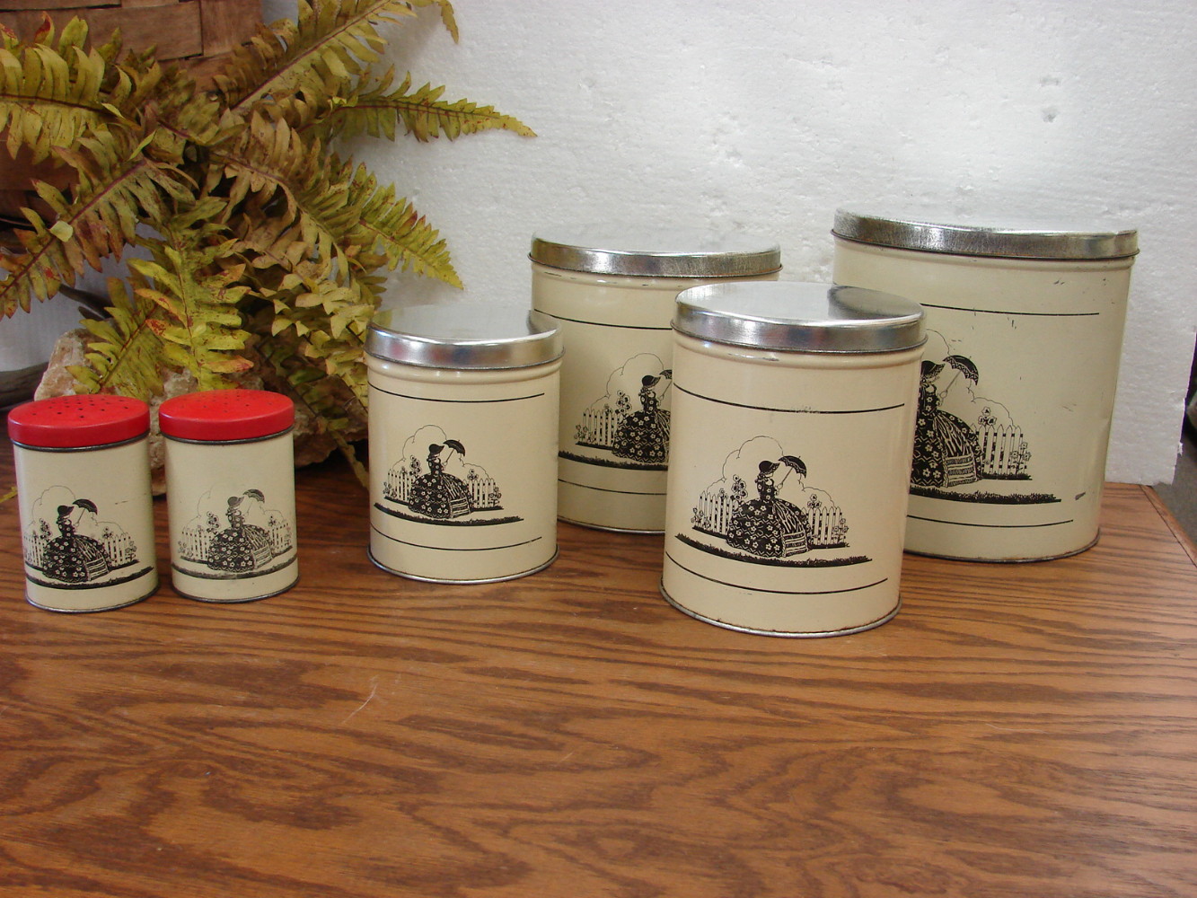 Vintage 6 Piece Metal Victorian Silhouette Canister Set w/ Salt Pepper Shakers