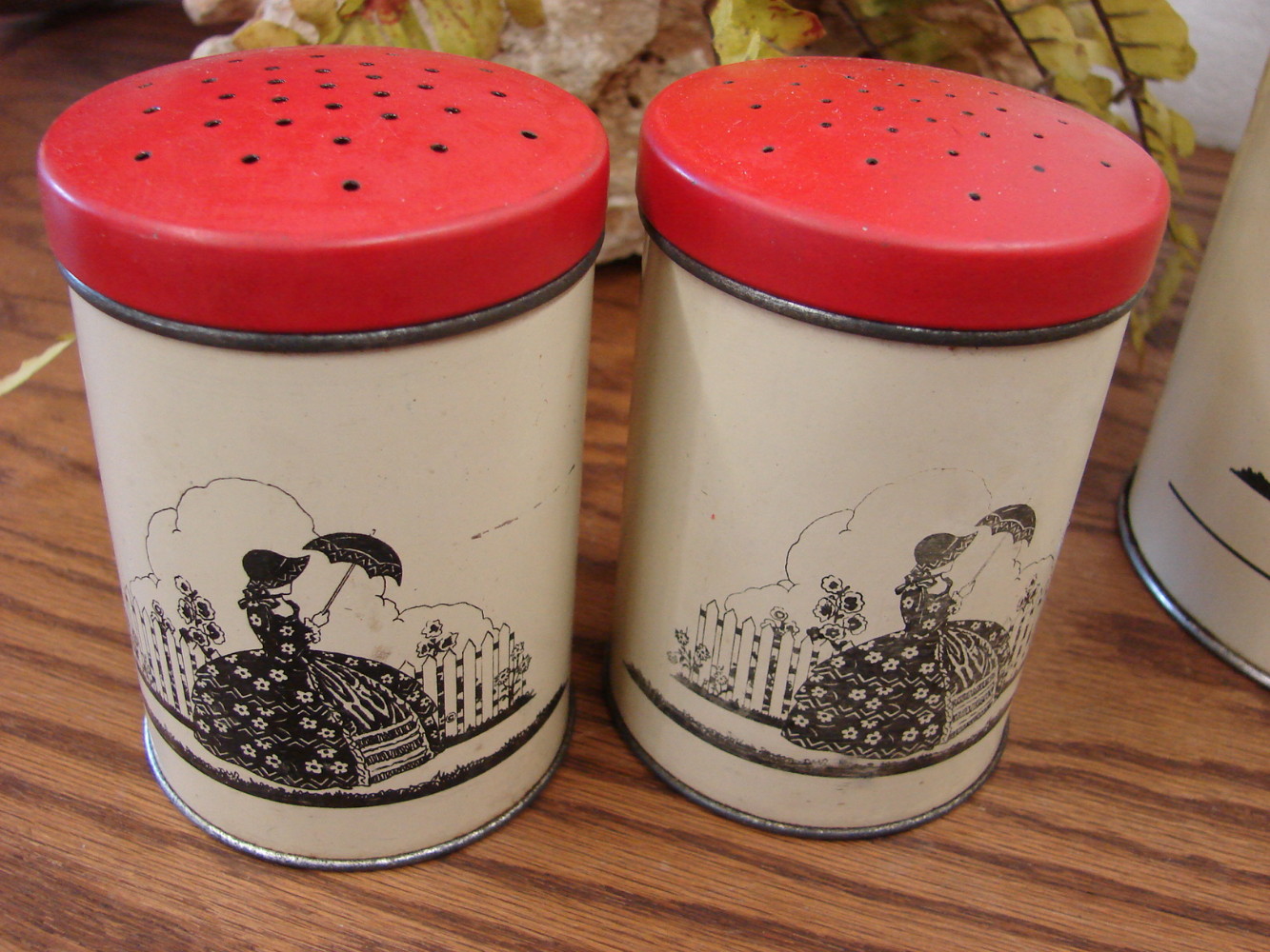 Vintage 6 Piece Metal Victorian Silhouette Canister Set w/ Salt Pepper Shakers - Image 2