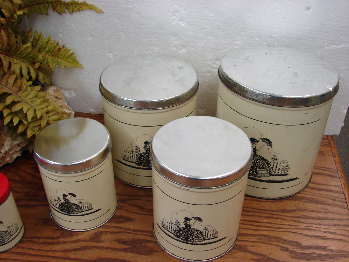 Vintage 6 Piece Metal Victorian Silhouette Canister Set w/ Salt Pepper Shakers - Image 3