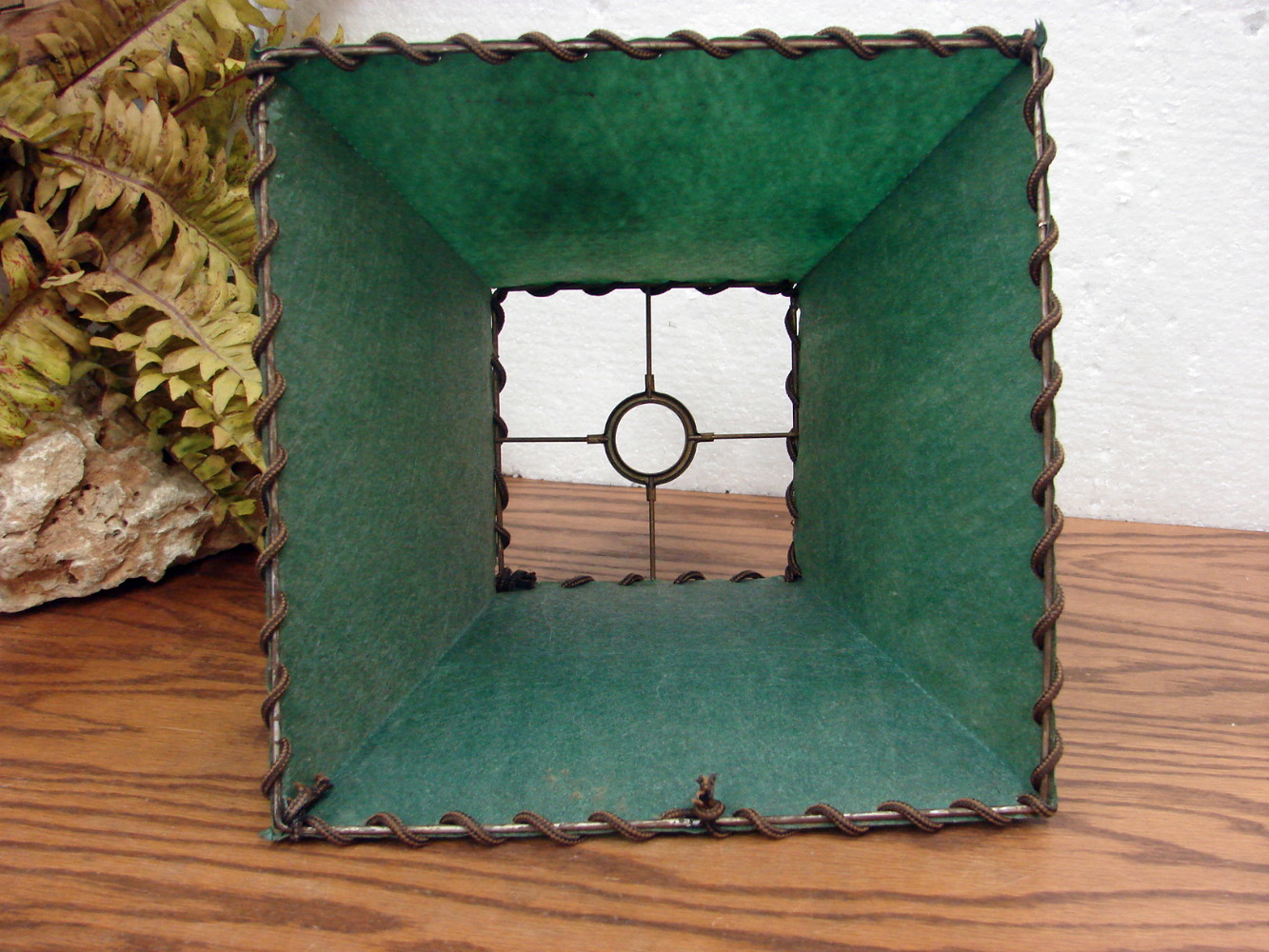 Vintage Green Fiberglass Square Shade with Corded Trim Table Lamp - Image 2