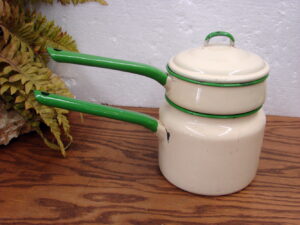 Vintage Green Cream Enamelware Double Boiler Sauce Pans Long Handles