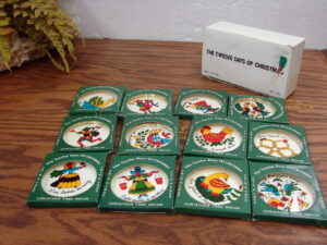 Set/12 Trim A Tree Twelve Days of Christmas Painted Ornaments in Original Boxes as is