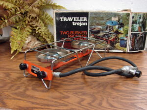 Vintage Zebco Traveler Trojan Two Burner Propane Camp Stove Original Box Made in the UK