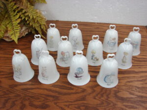 Set/12 Retired Enesco Precious Moments Monthly Bell Heart Handle Porcelain Samuel Butcher