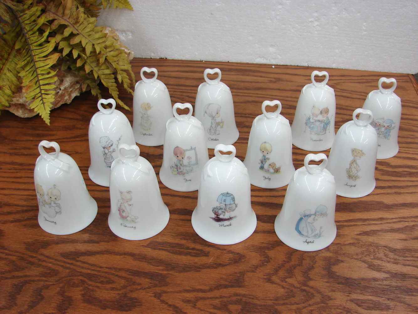 Set/12 Retired Enesco Precious Moments Monthly Bell Heart Handle Porcelain Samuel Butcher