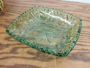 Vintage Square Hazel Atlas Green Star and Fan Prescut Glass Candy Nut Dish Saw Tooth