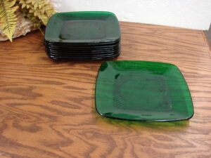 Set/10 Worn 8 1/2" Vintage Anchor Hocking Charm Emerald Forest Green Glass Square Plate