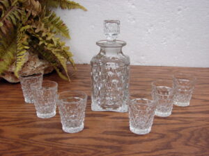 8 pc Vintage Crystal Clear Fostoria American Cubist Cordial Square Decanter w/ Stopper Glass Set
