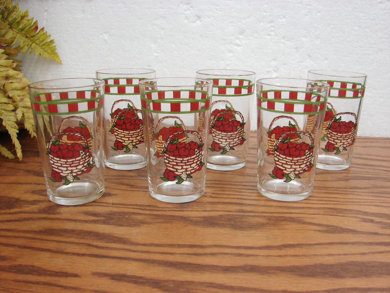 Set/6 Vintage Alco Apple Basket Juice Glasses Red Checkered Rim 4 1/4" - Image 2