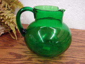 Vintage Hand Blown Artland Glass Bulbous Emerald Green Pitcher w/ Bubbles