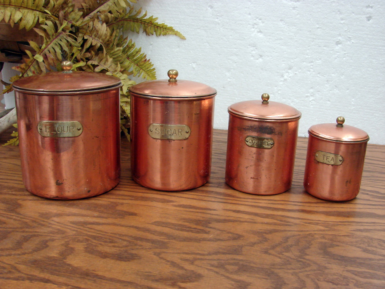 Vintage MCM 4 Piece Copper Tin Lined Canister Set Korea Brass Plaques