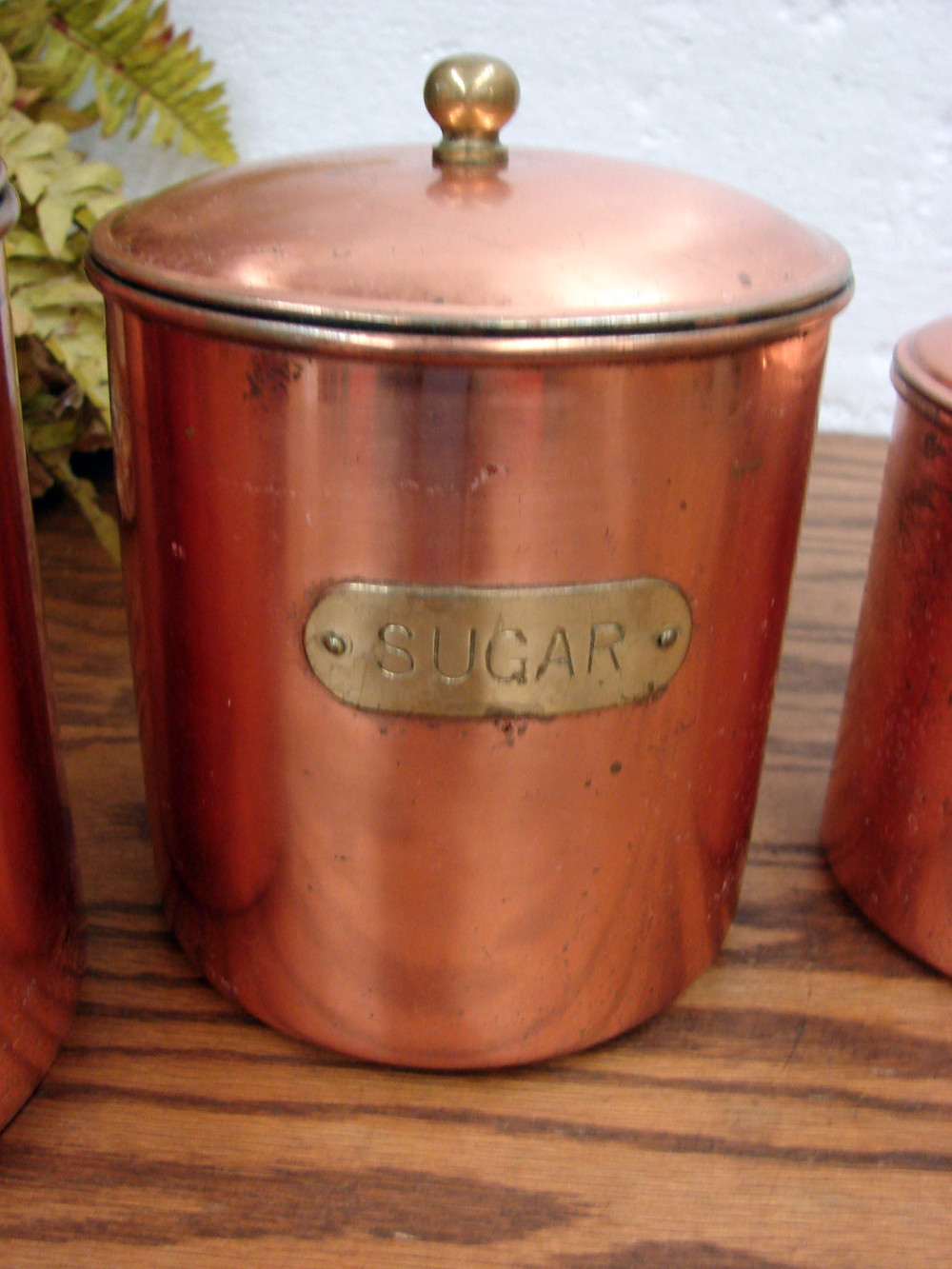 Vintage MCM 4 Piece Copper Tin Lined Canister Set Korea Brass Plaques - Image 4