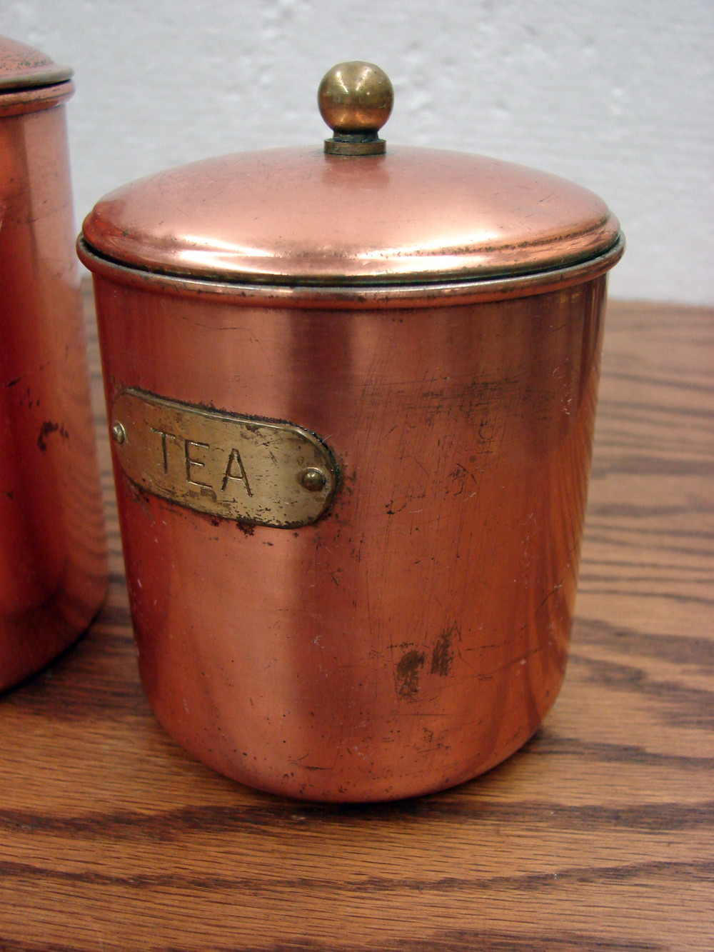 Vintage MCM 4 Piece Copper Tin Lined Canister Set Korea Brass Plaques - Image 3