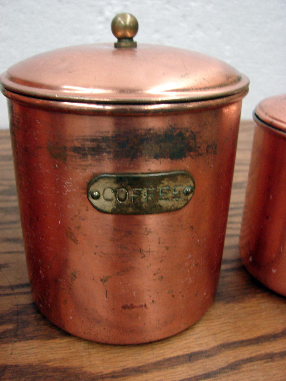 Vintage MCM 4 Piece Copper Tin Lined Canister Set Korea Brass Plaques - Image 2