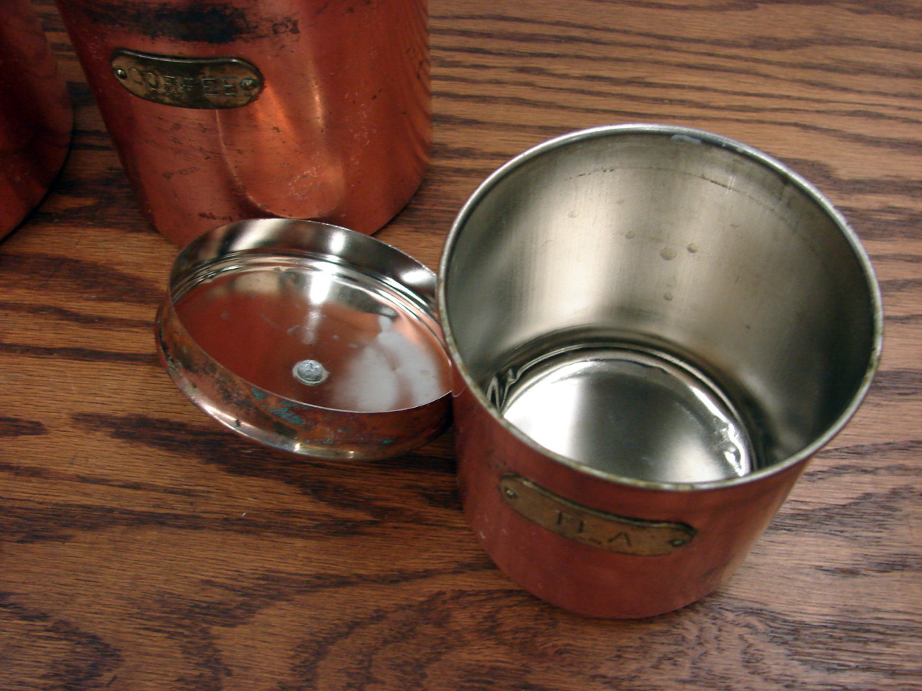 Vintage MCM 4 Piece Copper Tin Lined Canister Set Korea Brass Plaques - Image 6