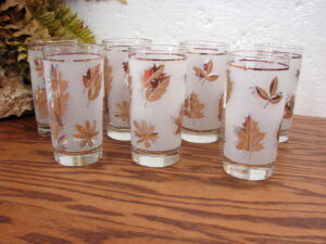 Set/7 Highball Tumbler 5 1/2" Vintage Libbey Golden Foliage Frosted Gold Leaf