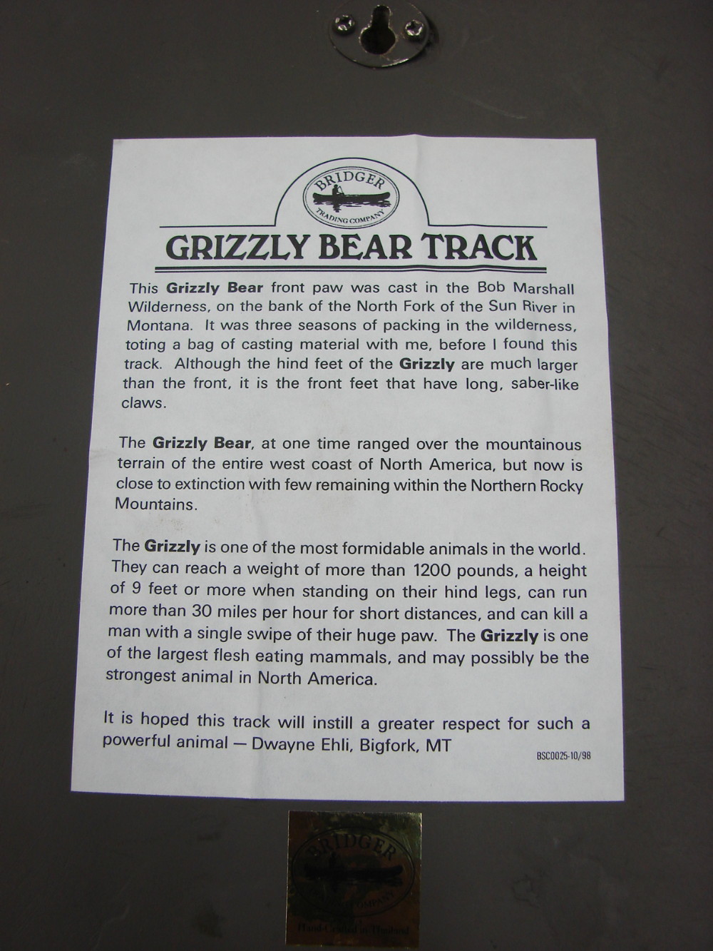 Cast Grizzly Bear Track Wall Hanging Bridger Trading Co. 14 x 11" - Image 3