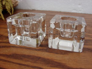 Set/2 Vintage Crystal Ice Cube Window Indent Taper Candle Holders 2" Square