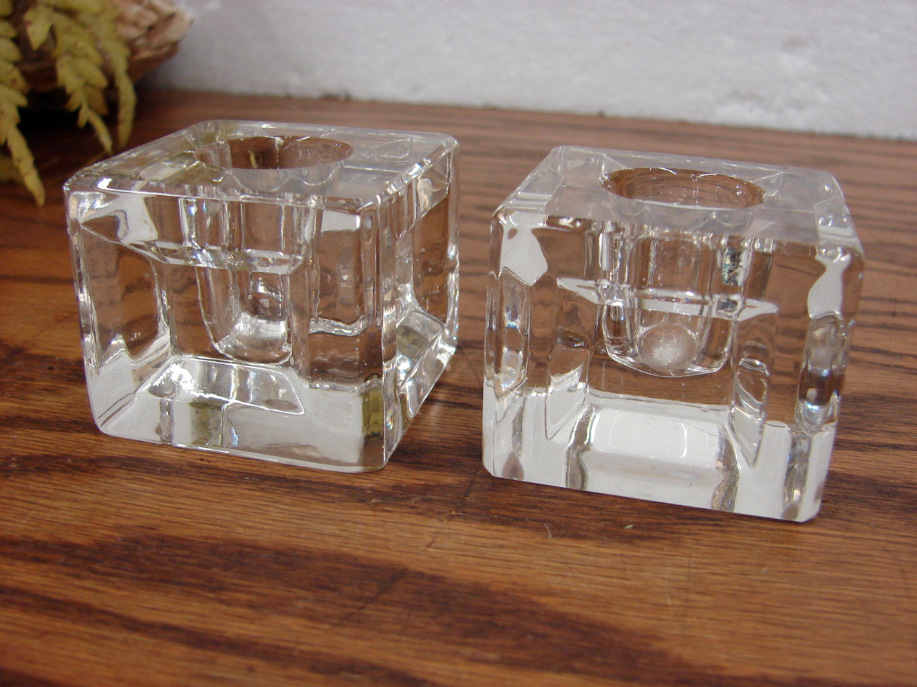 Set/2 Vintage Crystal Ice Cube Window Indent Taper Candle Holders 2" Square