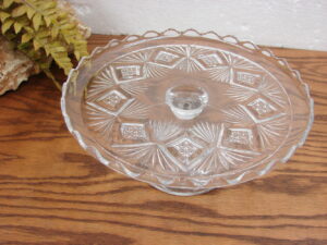 Vintage Indiana Pedestal Glass Pastry Cake Stand Diamond Double Fan Rolled Rim