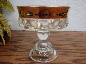 Vintage Indiana Pedestal Glass Kings Crown Gold Rim Compote Candy Dish