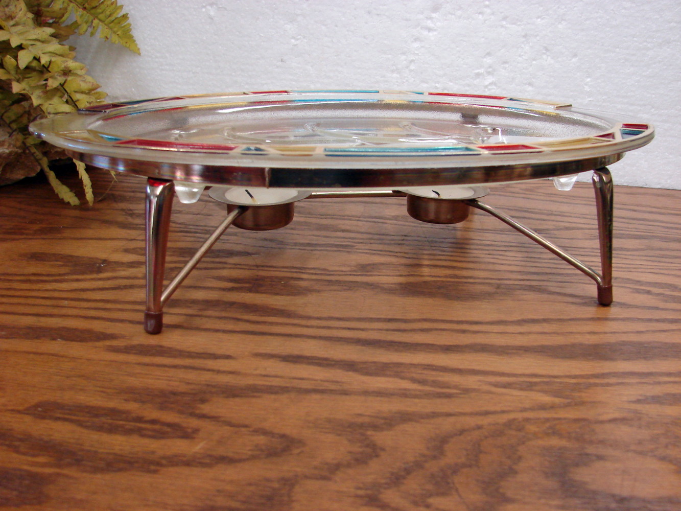 Vintage Renaissance Stained Glass Inland Meat Serving Platter Tray w/ Warmer Stand - Image 2