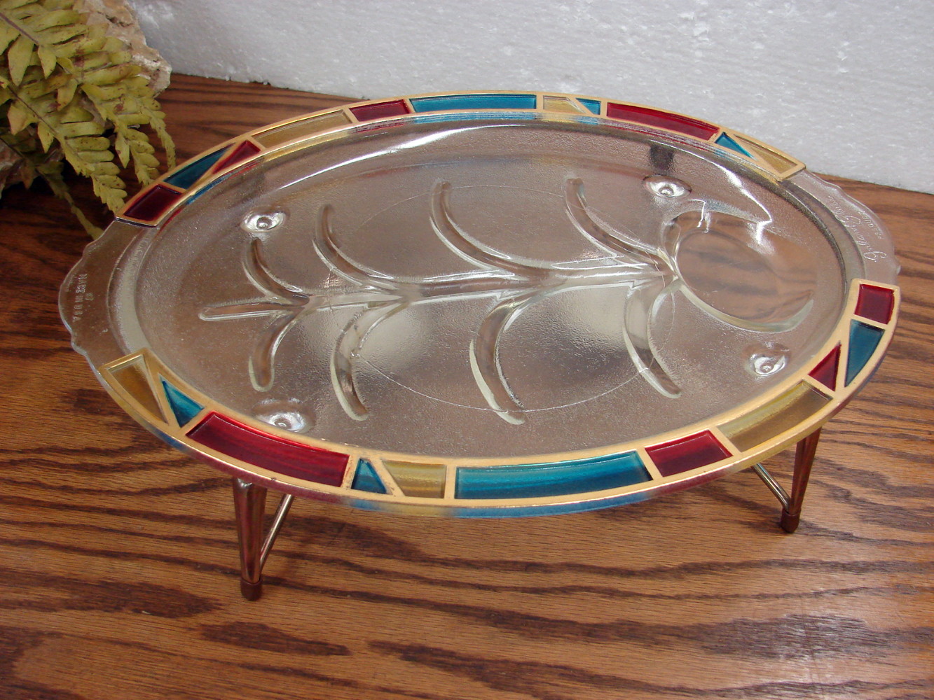 Vintage Renaissance Stained Glass Inland Meat Serving Platter Tray w/ Warmer Stand