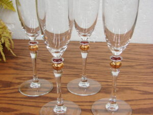 Set/4 Cristal d'Arques Durand Cortina Fluted Champagne Glasses Gold Wafer in Stem