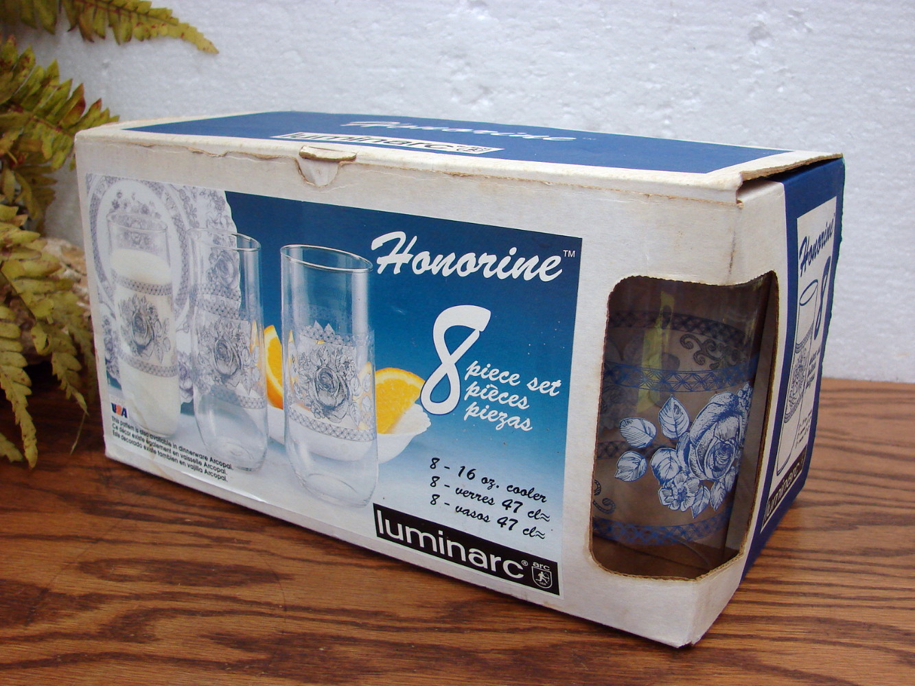 Brand New in Box Set/8 Luminarc Honorine Arcopal 16 oz Cooler Glasses Blue Rose - Image 2