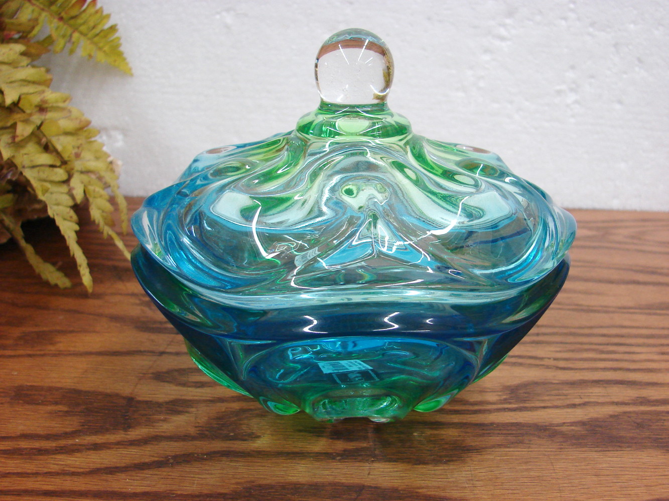Mikasa Royal Symphony Blue Green Art Glass Lidded Candy Dish w/ Label