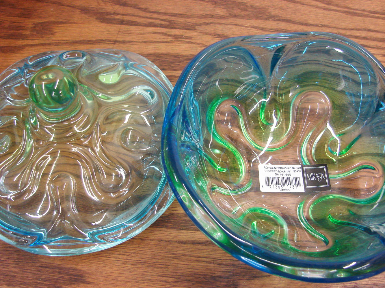 Mikasa Royal Symphony Blue Green Art Glass Lidded Candy Dish w/ Label - Image 2