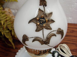 Vintage MCM Hollywood Regency Carl Falkenstein Milk Glass  Boudoir Lamp Hurricane Shade