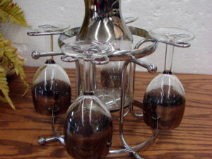 MCM Vintage Wine Carafe Glass Set Vitreon Queens Silver Fade Ombre w/ Chrome Caddy