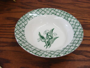 Vintage Primrose China Lily of the Valley Bowl Green Baskeweave Border 6"