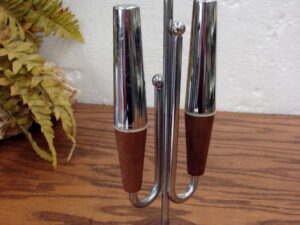 Vintage MCM Danish Modern Futuristic Teak Wood Chrome Salt Pepper Shaker Set on Stand
