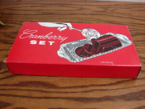 Brand New Vintage Anchor Hocking Wexford Rectangular Cranberry Dish with Silver Spoon Set
